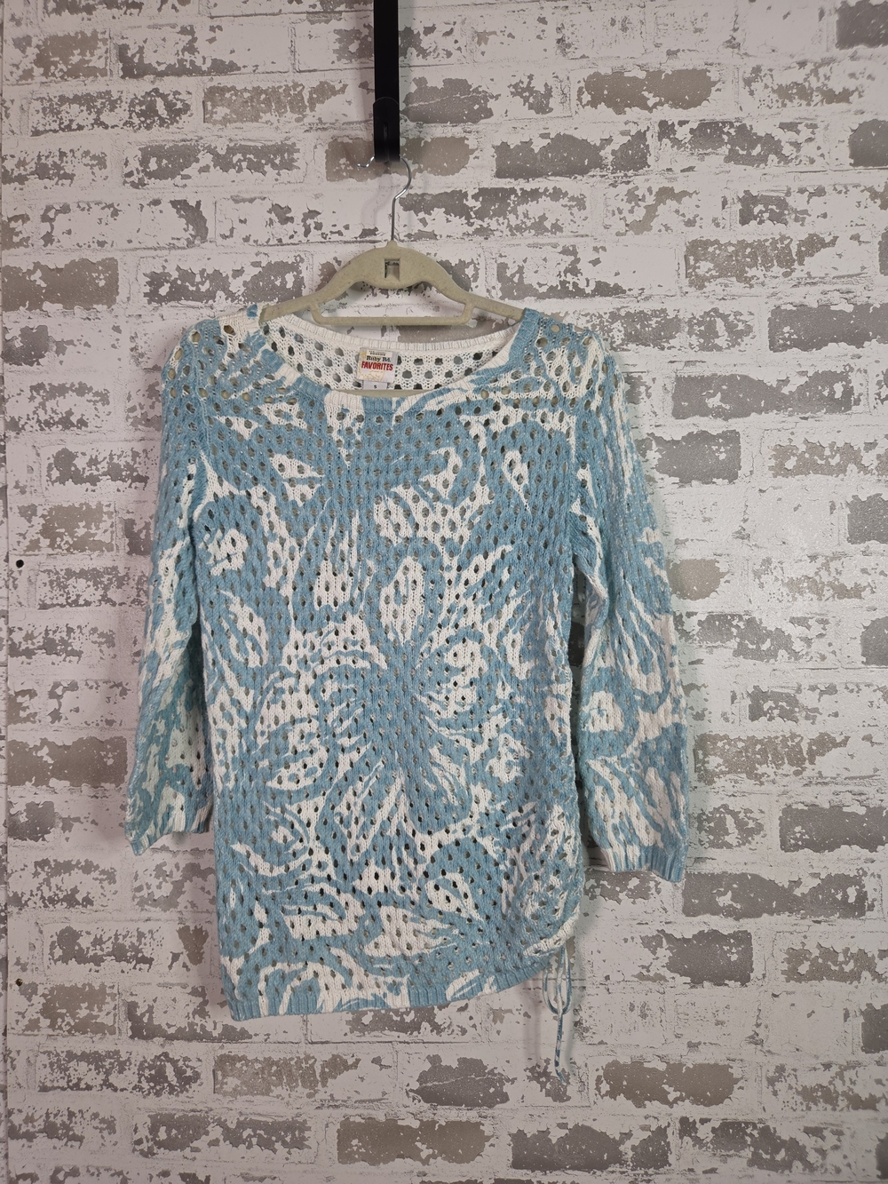 Ruby Rd. Cottagecore Blue & White Crochet-Style Knit Top Size Small